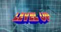 Composite of level up text with grid pattern and numbers over clock in background, copy space