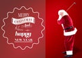 Composite of merry christmas and happy new year text over santa claus playing golf on red background Royalty Free Stock Photo
