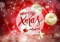 Composite of merry xmas text over baubles and snow falling on red background Royalty Free Stock Photo