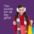 Composite of the month for all the gifts text over smiling caucasian woman in winter jumper
