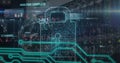 Composite of multiple words with programming language and padlock over network server room