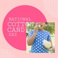 Composite of national cotton candy day text and midsection of girl eating candy floss, copy space