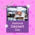 Composite of national dessert day text and caucasian female chef showing tart and gesturing Royalty Free Stock Photo