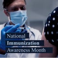 Composite of national immunization awareness month text and caucasian doctor injecting patient