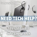 Composite of need tech help text over computers and headphones