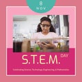 Composite of 8 nov, stem day text with biracial girl using digital tablet in laboratory Royalty Free Stock Photo