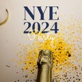 Composite of nye 2024 party text over champagne bottle and confetti on white background