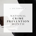 Composite of person in hood using laptop and october with national crime prevention month text