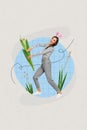 Composite photo art collage of young excited lady celebrate international woman day drag tulips bouquet wear bunny ears