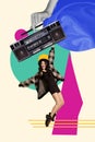 Composite photo collage artwork sketch party concept girl youngster tiptoes dance listen boombox music chill vibe