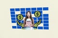 Composite photo collage of astonished girl hold ipad device dollar sign income rich unexpectedness money isolated on