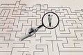 Composite photo collage of difficult maze path riddle alone guy hold megaphone scream lost find exit zoom lens isolated