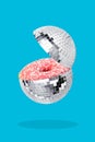 Composite photo collage of fantastic bizarre glazed pink donut inside sphere disco ball shine party cafeteria opening