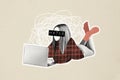 Composite photo collage of girl without face anonym hater cyberbully offender online macbook comment type isolated on Royalty Free Stock Photo