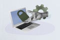 Composite photo collage of hand hold lock gearwheel process decode password access laptop hacking close isolated on