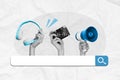 Composite photo collage of hands hold objects loudspeaker headphones vintage camera internet tab search lens isolated on