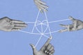 Composite photo collage of hands play game string knot riddle teamwork collaboration heart symbol unity isolated on Royalty Free Stock Photo