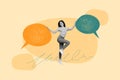 Composite photo collage of happy cheer girl dance cloud communication dialogue talk discussion speech isolated on Royalty Free Stock Photo