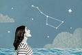 Composite photo collage of happy excited woman watch sky cassiopeia constellation water sea view ocean isolated on