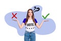 Composite photo collage of happy girl hold hands palm check mark cross yes vs no election vote democracy isolated on Royalty Free Stock Photo