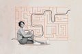 Composite photo collage of happy girl sit near difficult labyrinth riddle path line route maze game isolated on painted