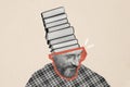 Composite photo collage of happy man cut head book stack education reader literature learner novel author isolated on Royalty Free Stock Photo