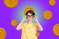 Composite photo collage of happy rich businesswoman hold glasses gold coin earnings dollar emblem currency isolated on