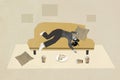 Composite photo collage of lazy girl lie sofa mess plate sandwich coffee cup pillow slob procrastination isolated on