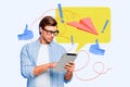 Composite photo collage of manager man hold ereader receive best mark thumb up helpline service paper plane isolated on