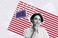 Composite photo collage of pretty lady think vote decision pencil check mark usa flag stripes stars politics isolated on Royalty Free Stock Photo