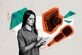 Composite photo collage of serious girl journalist write notebook notes mic interview camera retro cadre isolated on