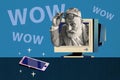 Composite photo collage of serious grandfather peek computer monitor new iphone premiere wow new technology isolated on Royalty Free Stock Photo