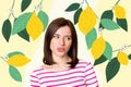 Composite photo collage of upset depressed girl lemon tree branch leaves tropical fruit sour vitamin detox isolated on Royalty Free Stock Photo