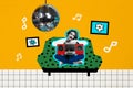 Composite photo collage of upset girl red lips sit hold old boombox disco ball home party alone sofa pictures isolated Royalty Free Stock Photo