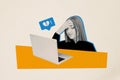 Composite photo collage of upset girl sit macbook screen blog unfollow unpopular haters break heart text box isolated on