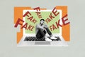 Composite photo collage of upset man sit computer keyboard macbook fake scam propaganda fake news failure isolated on Royalty Free Stock Photo