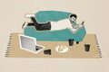 Composite photo collage of young lazy guy lie sofa hold iphone mess after party cup plate sandwich laptop isolated on