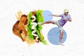 Composite photo collage of young man panama karate judo kick junk food fast food hot dog fried chicken fries isolated on Royalty Free Stock Photo