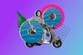 Composite photo collage of young man ride vespa moped drive vacation travel pool party carry lifebuoy summer isolated on Royalty Free Stock Photo