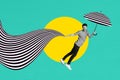 Composite photo collage of young smile man fly umbrella wind pattern zebra stripe parasol isolated on painted background