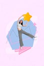 Composite photo 3d picture collage of young woman become successful hold golden star arrow show way up isolated on pink