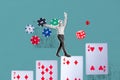 Composite picture collage senior businessman celebrate his pair of fours raised fingers up playing poker isolated on