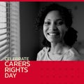 Composite of portrait of biracial smiling mid adult woman at home and celebrate carers rights day