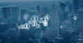 Composite of profile icons over aerial view of modern cityscape, copy space