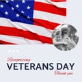 Composite of recognizing veterans day text over caucasian male soldier with daughter and flag of usa