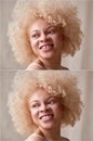 Composite Shot Showing Head And Shoulders Photo Of Woman Before And After Retouching