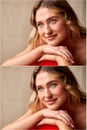 Composite Shot Showing Head And Shoulders Photo Of Woman Before And After Retouching