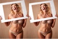Composite Shot Showing Photo Of Woman In Underwear Holding Picture Frame Before And After Retouching