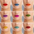 Paint me any colour. Composite shot of a woman wearing a variety of colourful lipsticks.