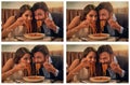 Love and pasta. What more do you need. Composite shot of a young couple sharing a plate of spaghetti during a romantic Royalty Free Stock Photo